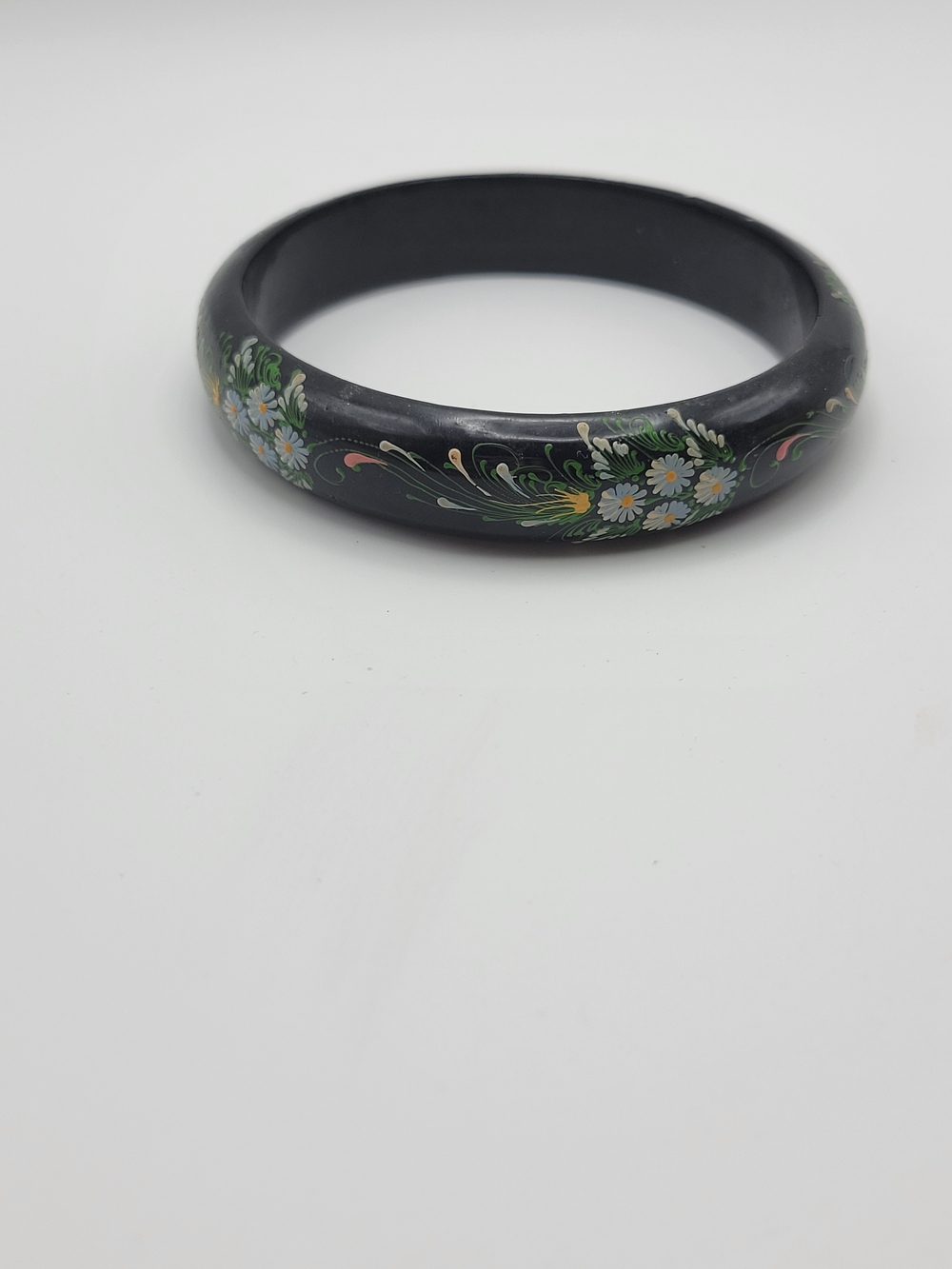Vintage Wood Hand-Painted Black Floral Bangle Bracelet